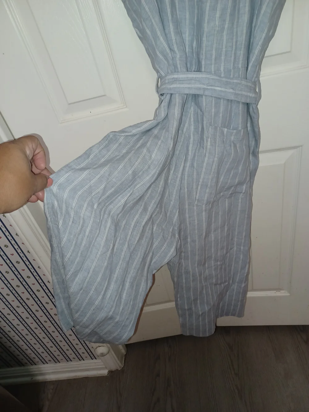 Everlane Striped Light Blue Linen-Blend Jumpsuit with Tie Waist